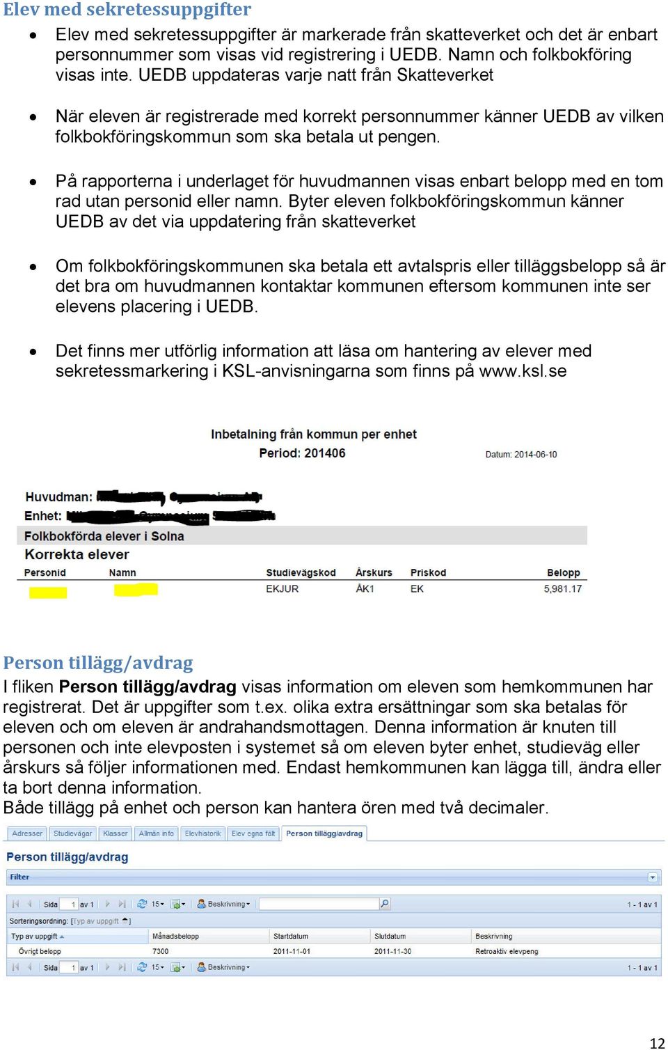 På rapporterna i underlaget för huvudmannen visas enbart belopp med en tom rad utan personid eller namn.