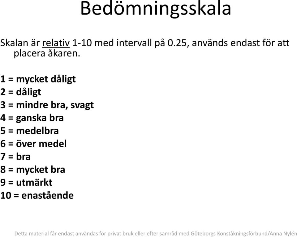 1 = mycket dåligt 2 = dåligt 3 = mindre bra, svagt 4 = ganska