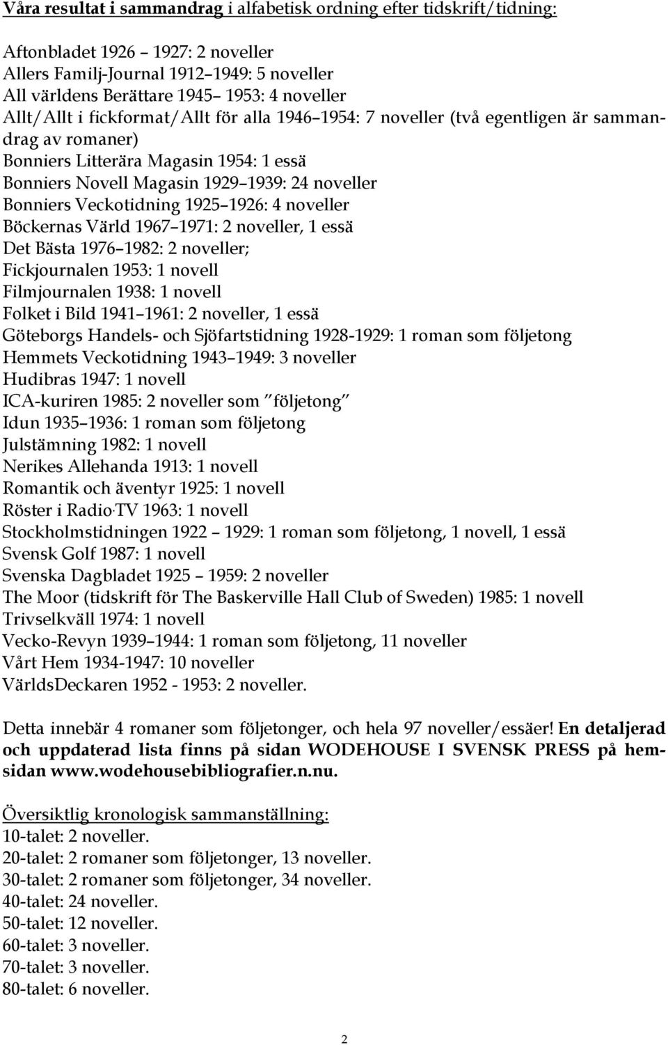 Veckotidning 1925 1926: 4 noveller Böckernas Värld 1967 1971: 2 noveller, 1 essä Det Bästa 1976 1982: 2 noveller; Fickjournalen 1953: 1 novell Filmjournalen 1938: 1 novell Folket i Bild 1941 1961: 2