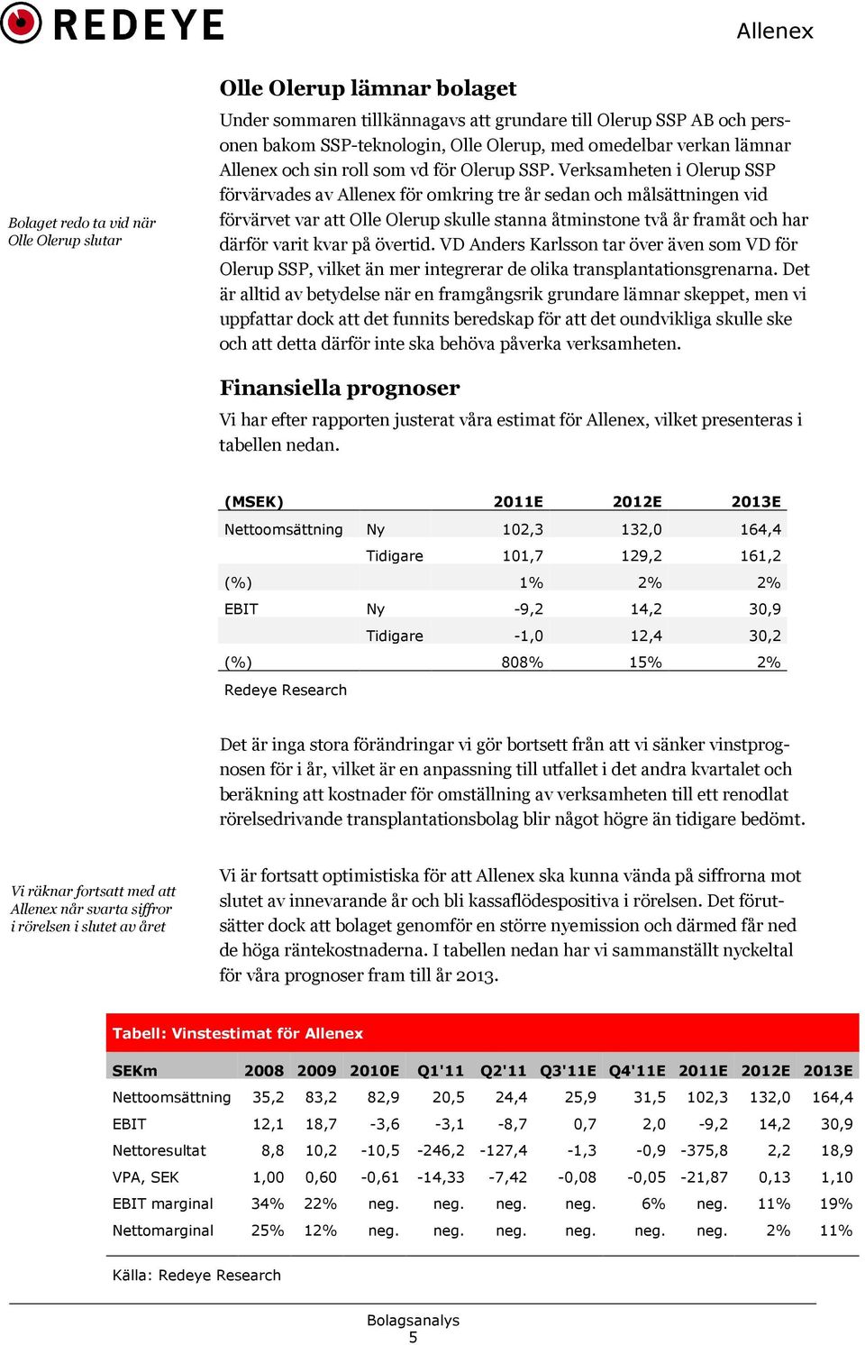 Verksamheten i Olerup SSP förvärvades av Allenex för omkring tre år sedan och målsättningen vid förvärvet var att Olle Olerup skulle stanna åtminstone två år framåt och har därför varit kvar på