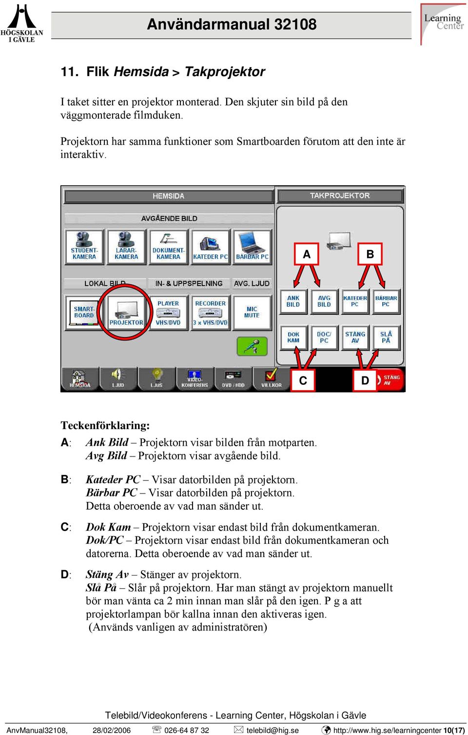 : Kateder P Visar datorbilden på projektorn. ärbar P Visar datorbilden på projektorn. Detta oberoende av vad man sänder ut. : Dok Kam Projektorn visar endast bild från dokumentkameran.