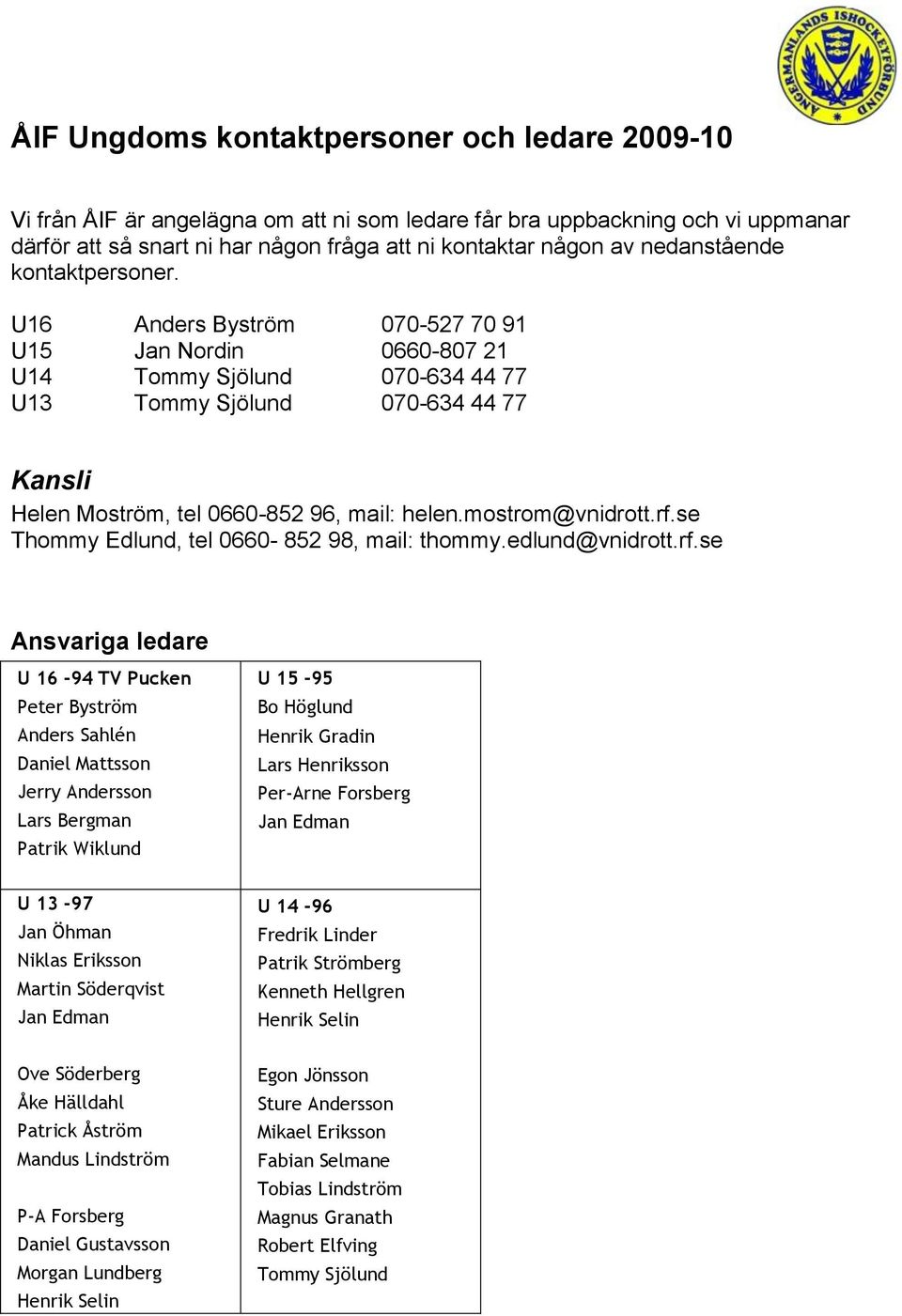 U16 Anders Byström 070-527 70 91 U15 Jan Nordin 0660-807 21 U14 Tommy Sjölund 070-634 44 77 U13 Tommy Sjölund 070-634 44 77 Kansli Helen Moström, tel 0660-852 96, mail: helen.mostrom@vnidrott.rf.