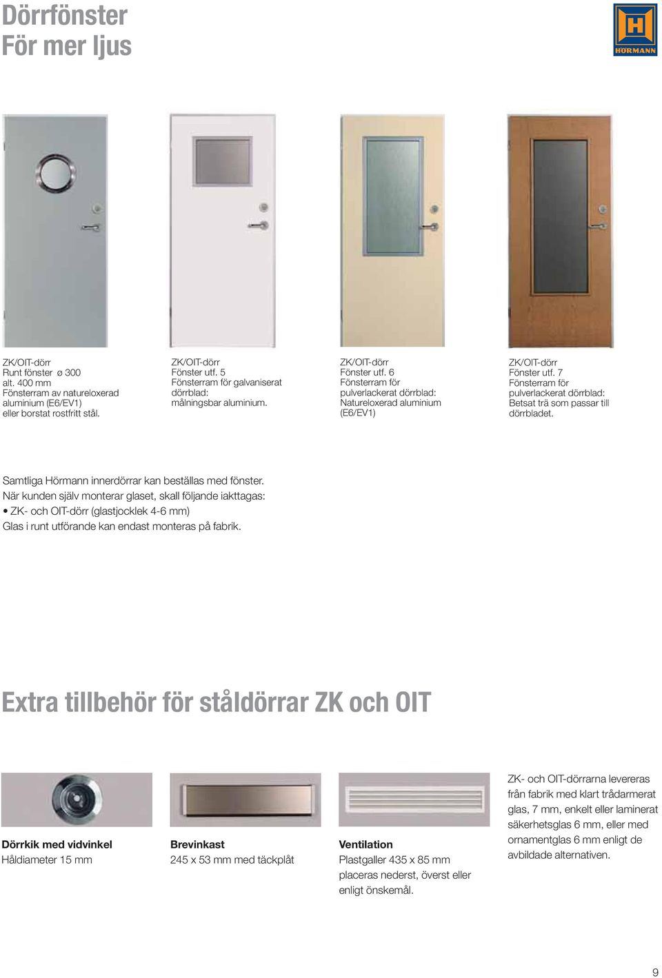 7 Fönsterram för pulverlackerat dörrblad: Betsat trä som passar till dörrbladet. Samtliga Hörmann innerdörrar kan beställas med fönster.
