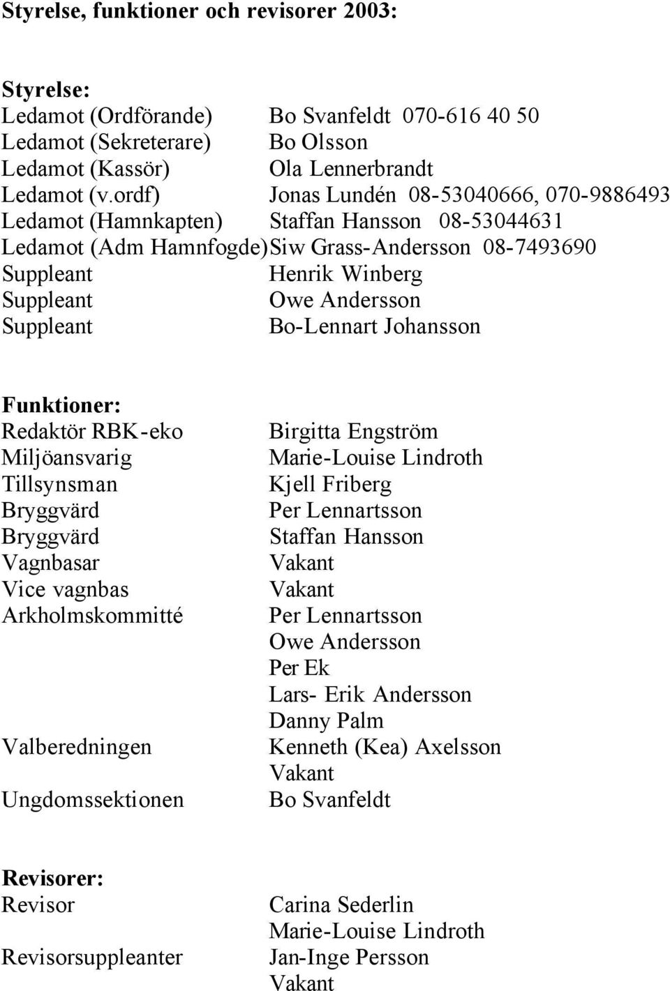 Suppleant Bo-Lennart Johansson Funktioner: Redaktör RBK-eko Miljöansvarig Tillsynsman Bryggvärd Bryggvärd Vagnbasar Vice vagnbas Arkholmskommitté Valberedningen Ungdomssektionen Birgitta Engström