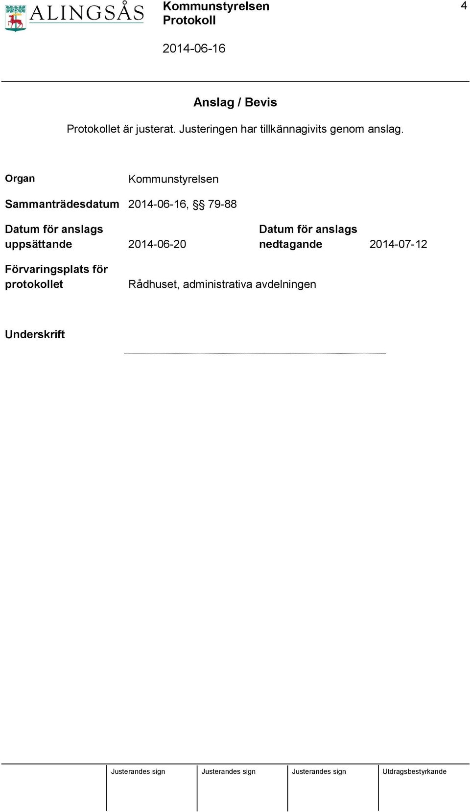 Organ Kommunstyrelsen Sammanträdesdatum, 79-88 Datum för anslags