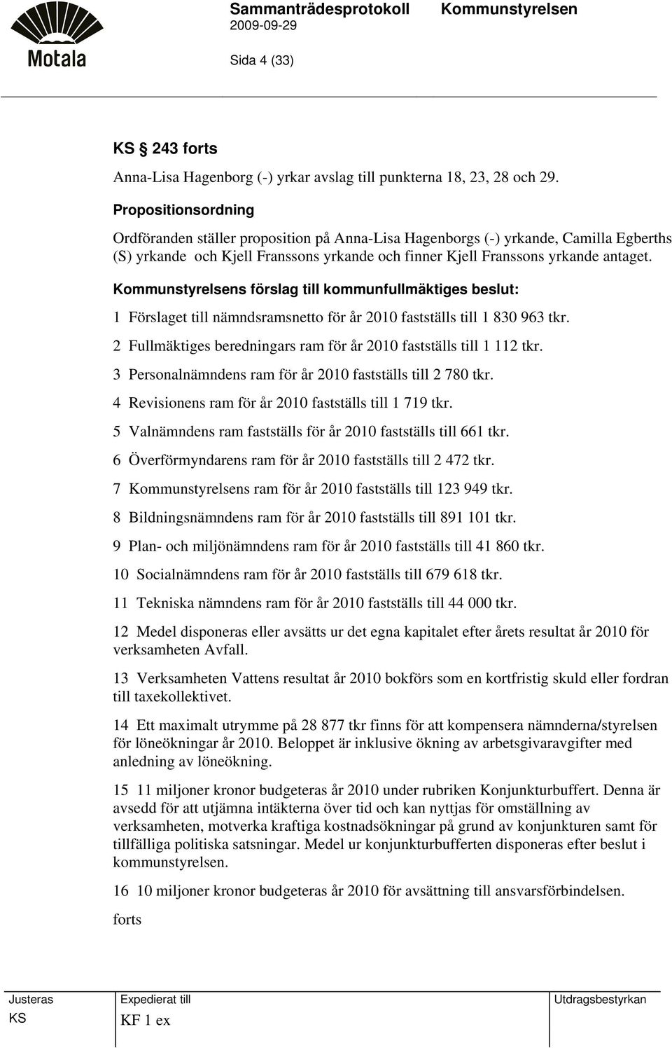 s förslag till kommunfullmäktiges beslut: 1 Förslaget till nämndsramsnetto för år 2010 fastställs till 1 830 963 tkr. 2 Fullmäktiges beredningars ram för år 2010 fastställs till 1 112 tkr.