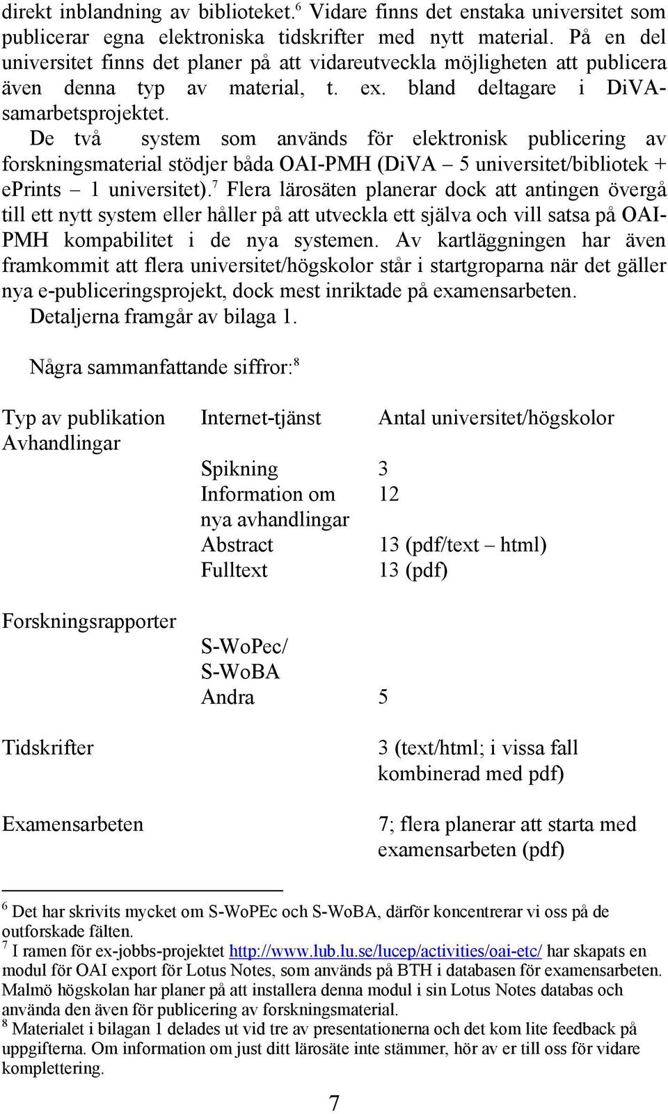 De två system som används för elektronisk publicering av forskningsmaterial stödjer båda OAI-PMH (DiVA 5 universitet/bibliotek + eprints 1 universitet).