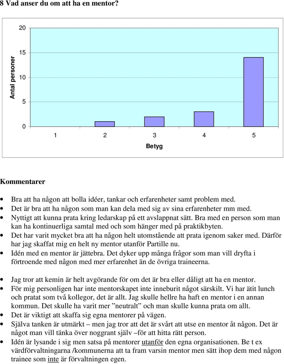 Bra med en person som man kan ha kontinuerliga samtal med och som hänger med på praktikbyten. Det har varit mycket bra att ha någon helt utomstående att prata igenom saker med.