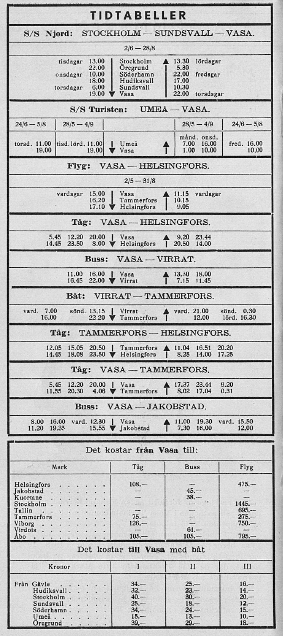 00 19.00 T Vasa 1.00 10.00 10.00 Flyg : VASA HELSINGFORS. 2/5 31/8 vardagar 15.00 I Vasa A H-15 vardagar 16.20 Tammerfors I 10.15 17.10 V Helsingfors 9.05 Tåg: VASA HELSINGFORS. 5.45 12.20 20.