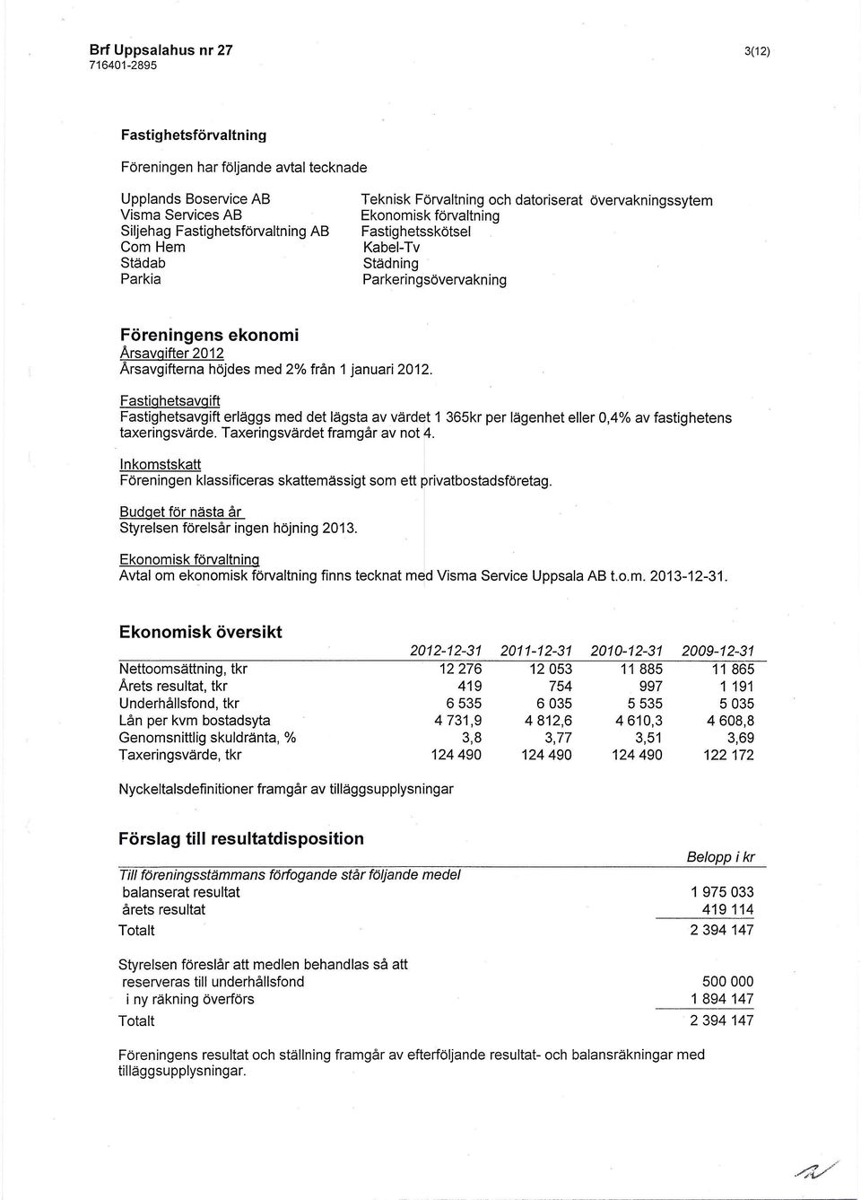 januari 2012. Fastighetsavgift Fastighetsavgift erläggs med det lägsta av värdet 1 365kr per lägenhet eller 0,4% av fastighetens taxeringsvärde. Taxeringsvärdet framgår av not 4.