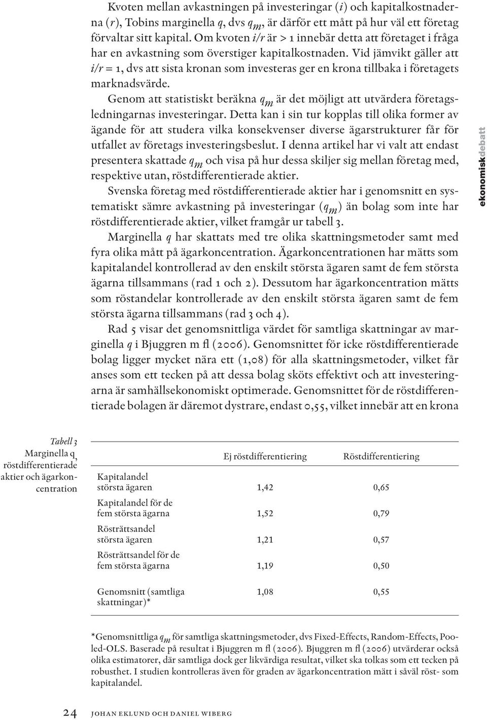 Vid jämvikt gäller att i/r = 1, dvs att sista kronan som investeras ger en krona tillbaka i företagets marknadsvärde.