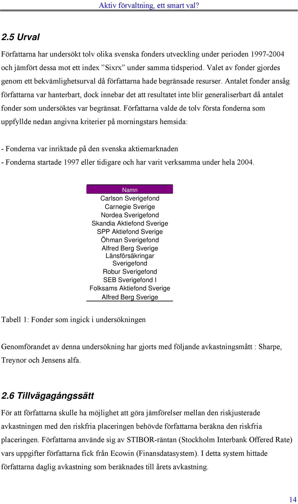 Antalet fonder ansåg författarna var hanterbart, dock innebar det att resultatet inte blir generaliserbart då antalet fonder som undersöktes var begränsat.