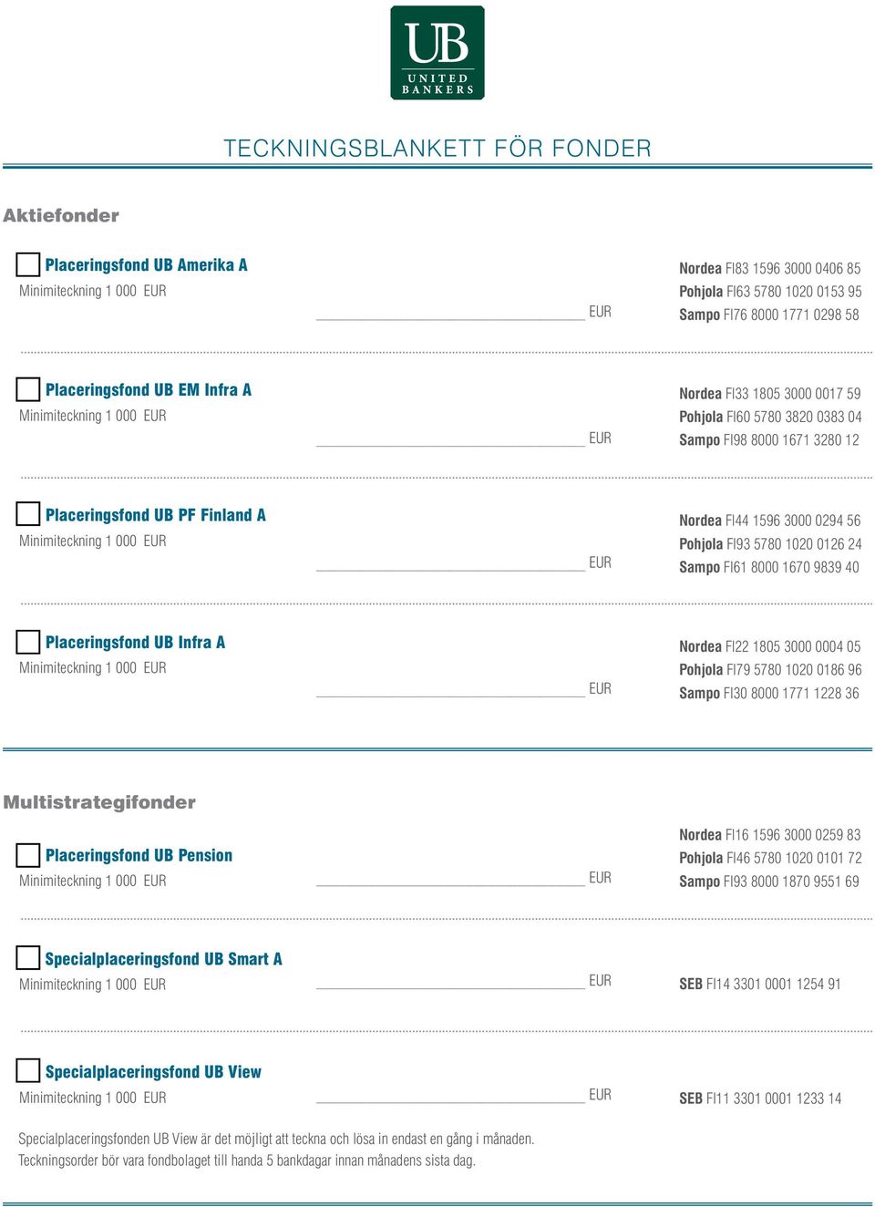 Placeringsfond UB Infra A Nordea FI22 1805 3000 0004 05 Pohjola FI79 5780 1020 0186 96 Sampo FI30 8000 1771 1228 36 Multistrategifonder Placeringsfond UB Pension Nordea FI16 1596 3000 0259 83 Pohjola