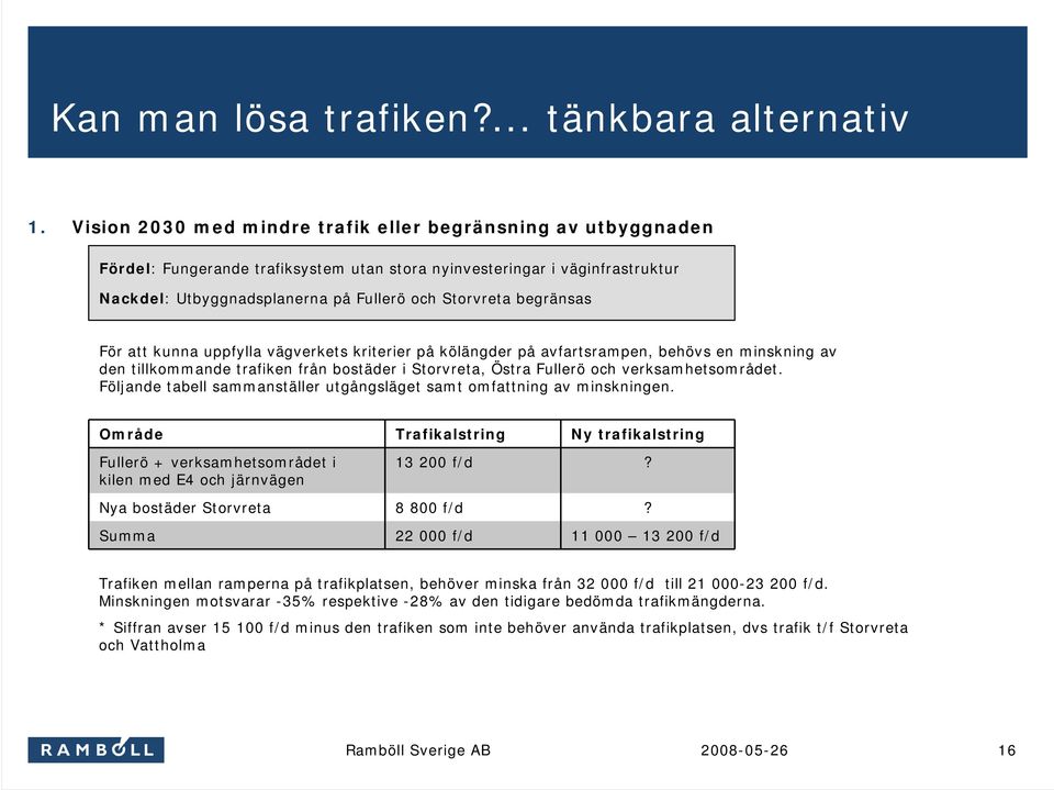 begränsas För att kunna uppfylla vägverkets kriterier på kölängder på avfartsrampen, behövs en minskning av den tillkommande trafiken från bostäder i Storvreta, Östra Fullerö och verksamhetsområdet.