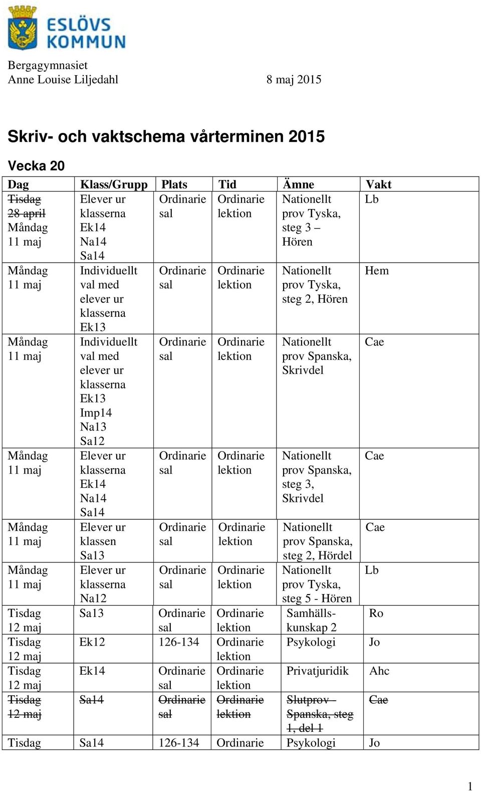 Sa13 Ek12 Ek14 Sa14 prov Tyska, eg 2, Hören prov Spanska, Skrivdel prov Spanska, eg 3, Skrivdel prov Spanska, eg 2, Hördel prov Tyska,