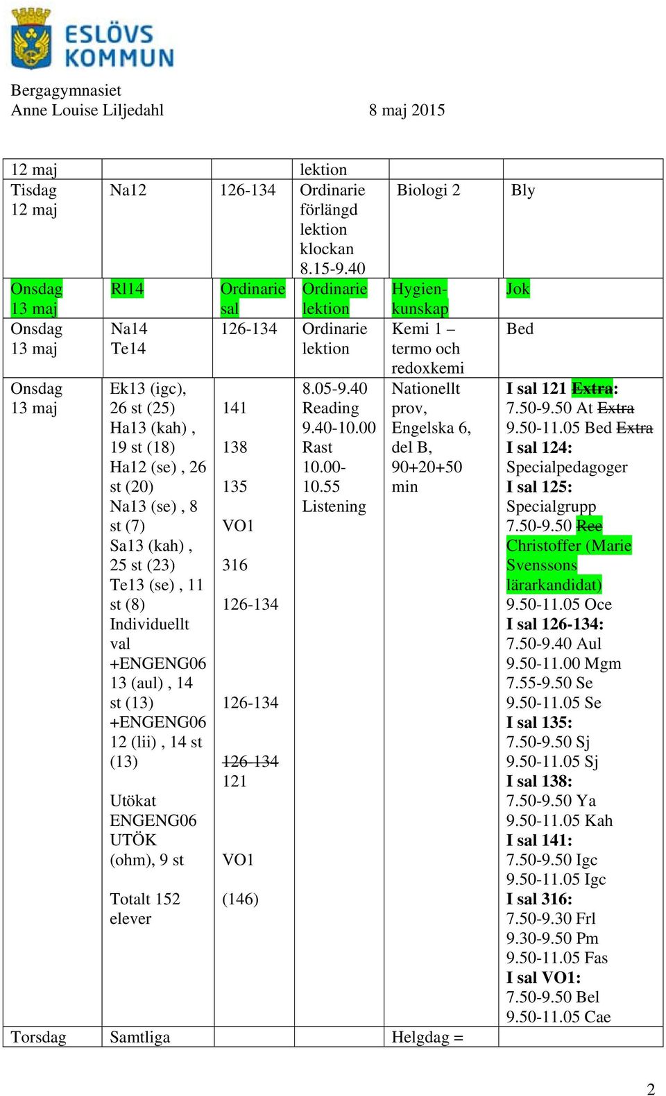 +ENGENG06 12 (lii), 14 (13) Utökat ENGENG06 UTÖK (ohm), 9 Totalt 152 141 138 135 VO1 316 121 VO1 (146) 8.05-9.40 Reading 9.40-10.00 Ra 10.00-10.