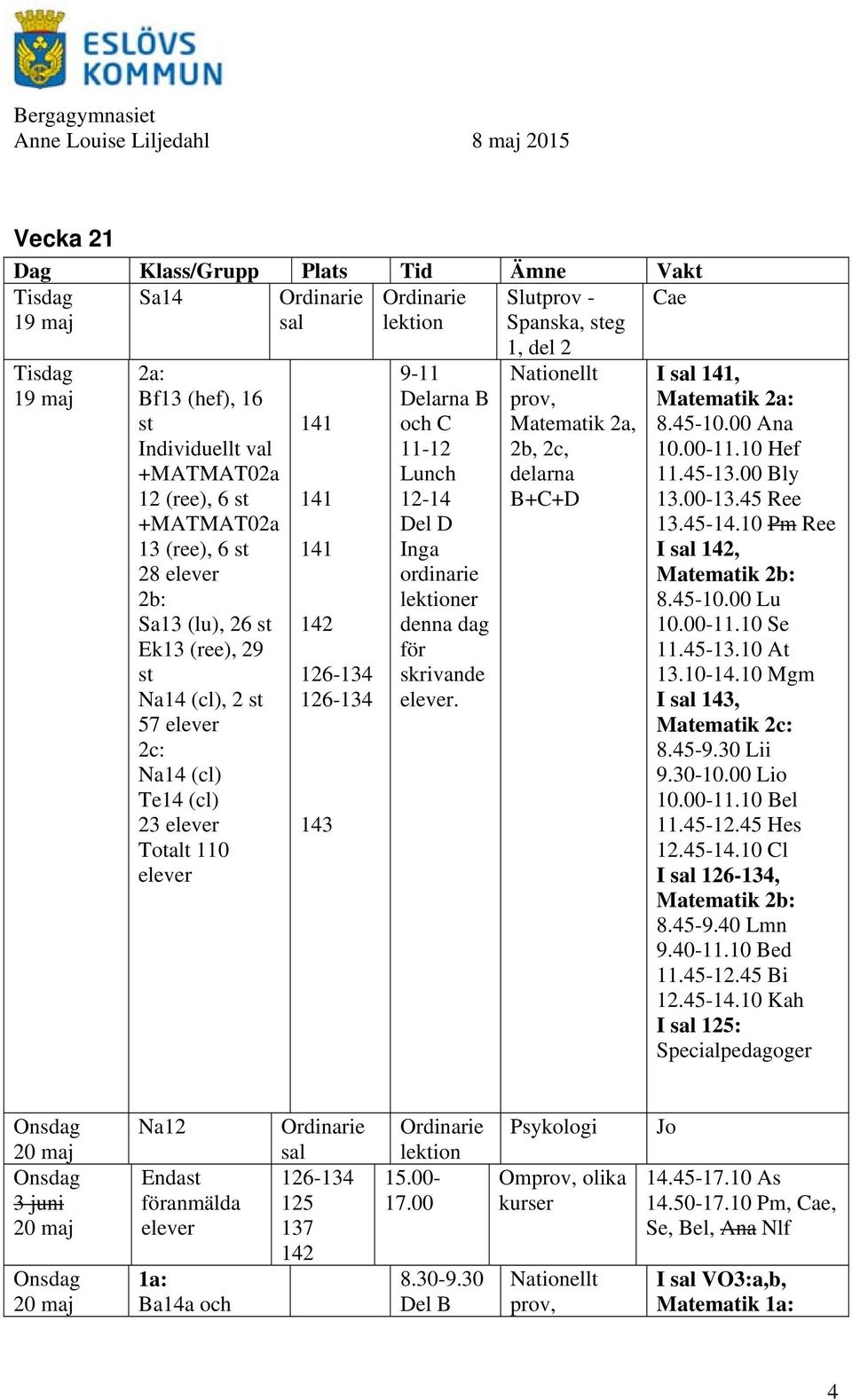 1, del 2 prov, Matematik 2a, 2b, 2c, delarna B+C+D I 141, Matematik 2a: 8.45-10.00 Ana 10.00-11.10 Hef 11.45-13.00 Bly 13.00-13.45 Ree 13.45-14.10 Pm Ree I 142, Matematik 2b: 8.45-10.00 Lu 10.00-11.10 Se 11.
