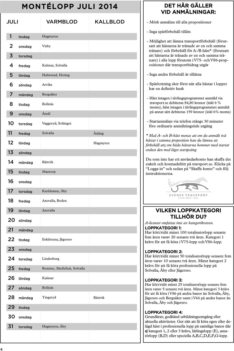 samma tränare) i alla lopp förutom i V75- och V86-propositioner där transportbidrag utgår 5 lördag Halmstad, Hoting - Inga andra förbehåll är tillåtna 6 söndag 7 måndag 8 tisdag 9 onsdag Arvika