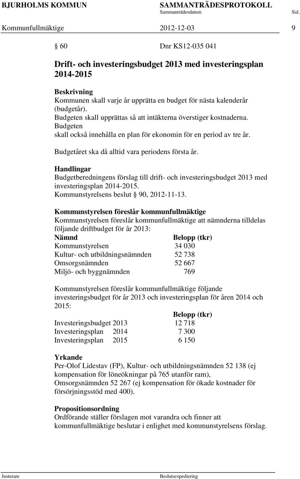 Handlingar Budgetberedningens förslag till drift- och investeringsbudget 2013 med investeringsplan 2014-2015. Kommunstyrelsens beslut 90, 2012-11-13.