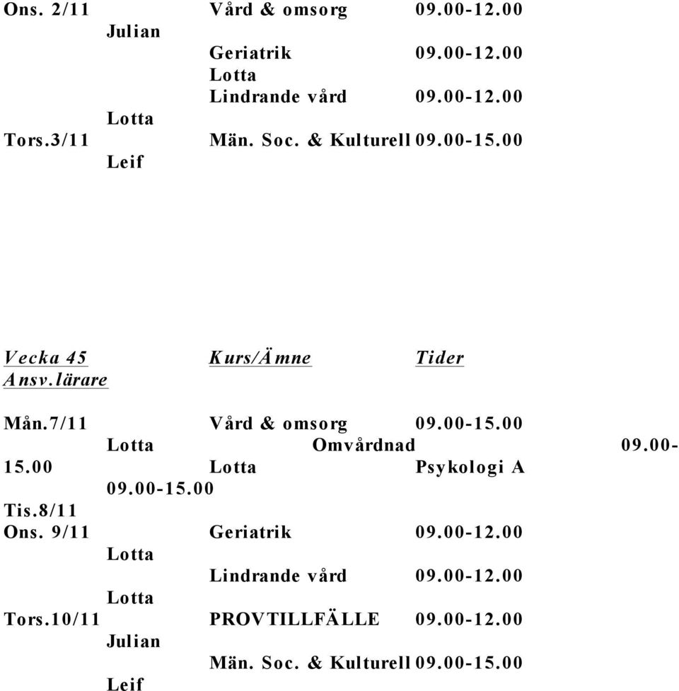 00-15.00 Omvårdnad 09.00-15.00 Psykologi A 09.00-15.00 Tis.8/11 Ons.