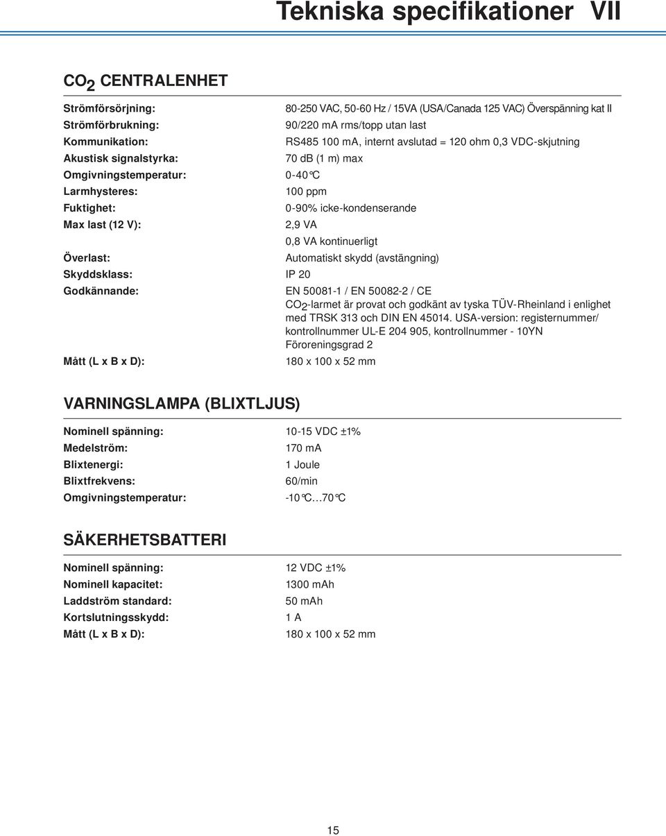 V): 2,9 VA 0,8 VA kontinuerligt Överlast: Automatiskt skydd (avstängning) Skyddsklass: IP 20 Godkännande: EN 50081-1 / EN 50082-2 / CE CO2-larmet är provat och godkänt av tyska TÜV-Rheinland i