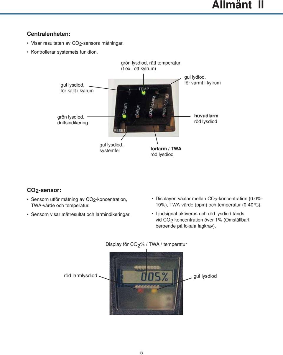 systemfel förlarm / TWA röd lysdiod CO2-sensor: Sensorn utför mätning av CO2-koncentration, TWA-värde och temperatur. Sensorn visar mätresultat och larmindikeringar.