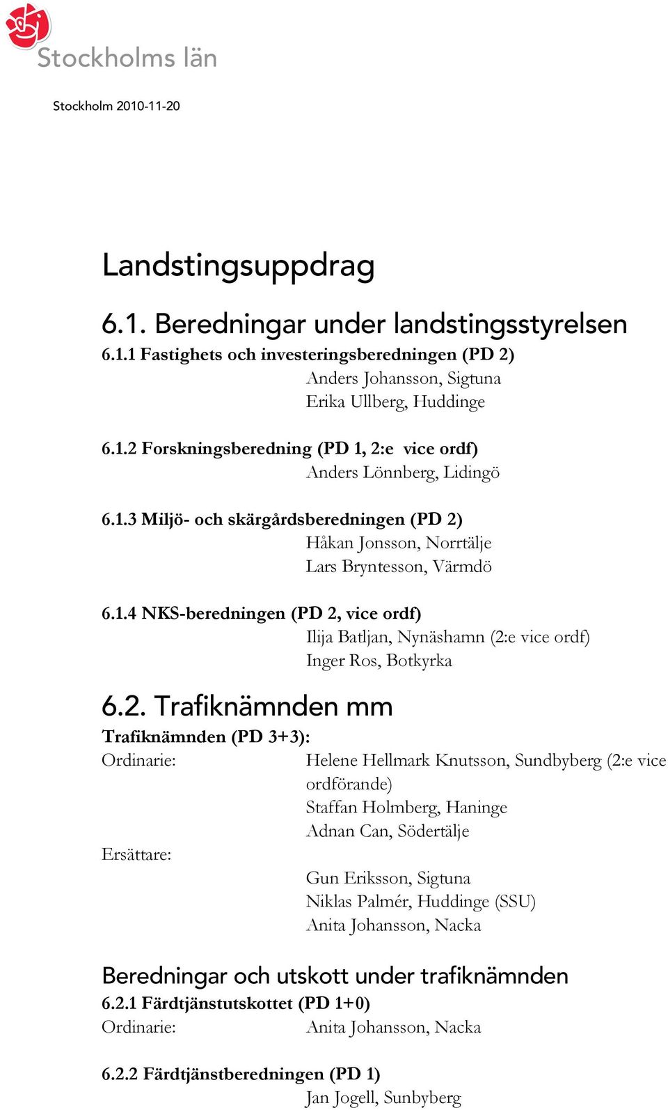 2. Trafiknämnden mm Trafiknämnden (PD 3+3): Helene Hellmark Knutsson, Sundbyberg (2:e vice ordförande) Staffan Holmberg, Haninge Adnan Can, Södertälje Gun Eriksson, Sigtuna Niklas Palmér, Huddinge