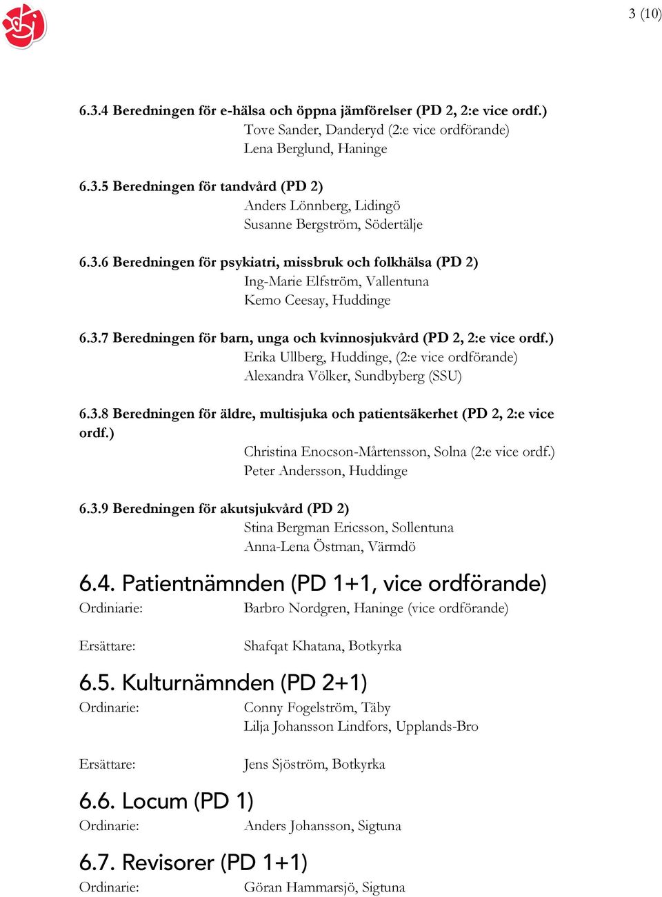 ) Erika Ullberg, Huddinge, (2:e vice ordförande) Alexandra Völker, Sundbyberg (SSU) 6.3.8 Beredningen för äldre, multisjuka och patientsäkerhet (PD 2, 2:e vice ordf.