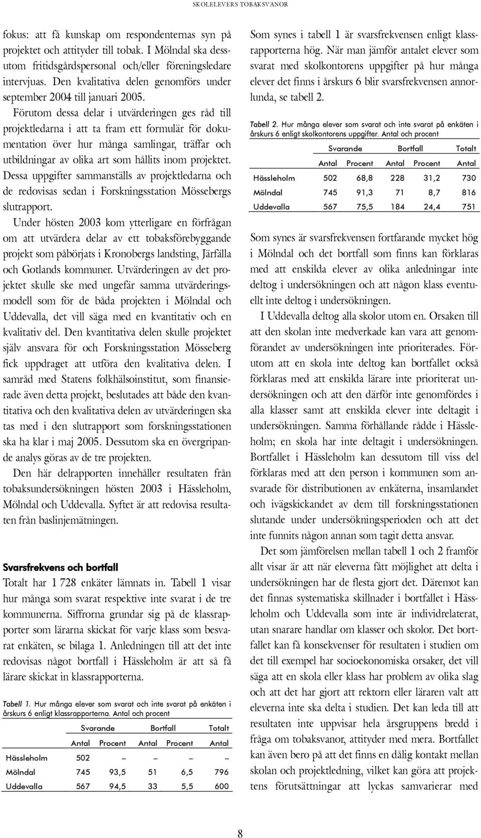 Förutom dessa delar i utvärderingen ges råd till projektledarna i att ta fram ett formulär för dokumentation över hur många samlingar, träffar och utbildningar av olika art som hållits inom projektet.