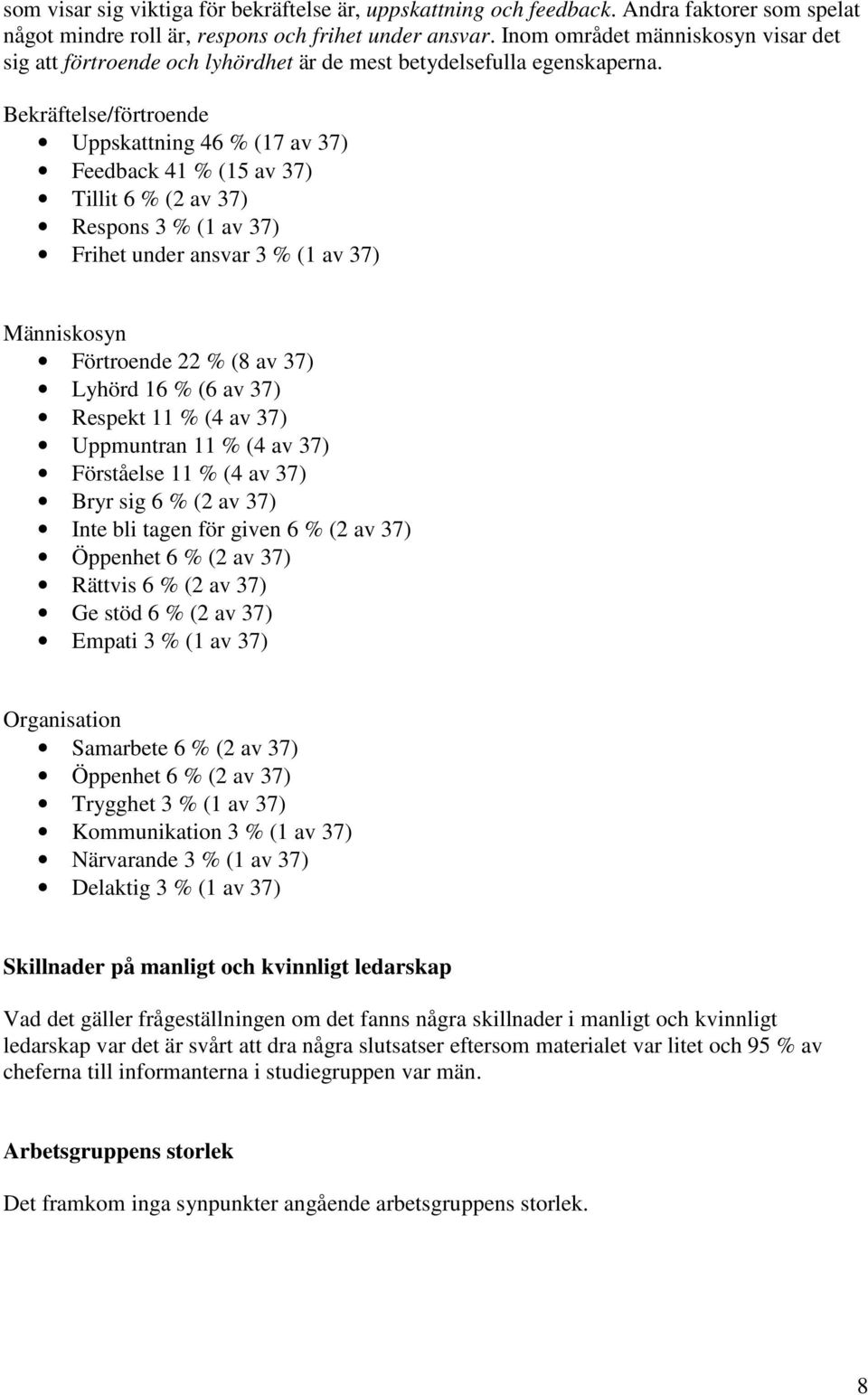 Bekräftelse/förtroende Uppskattning 46 % (17 av 37) Feedback 41 % (15 av 37) Tillit 6 % (2 av 37) Respons 3 % (1 av 37) Frihet under ansvar 3 % (1 av 37) Människosyn Förtroende 22 % (8 av 37) Lyhörd