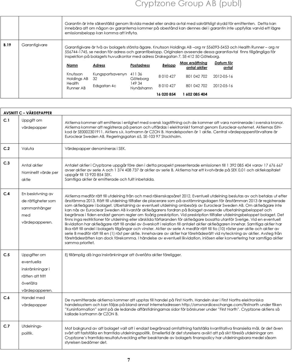 19 Garantigivare Garantigivare är två av bolagets största ägare. Knutsson Holdings AB org nr 556093-5453 och Health Runner org nr 556744-1745, se nedan för adress och garantibelopp.