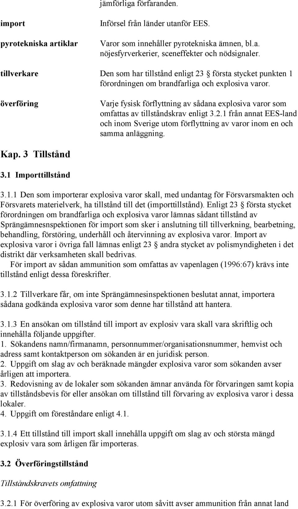 överföring Varje fysisk förflyttning av sådana explosiva varor som omfattas av tillståndskrav enligt 3.2.1 från annat EES-land och inom Sverige utom förflyttning av varor inom en och samma anläggning.