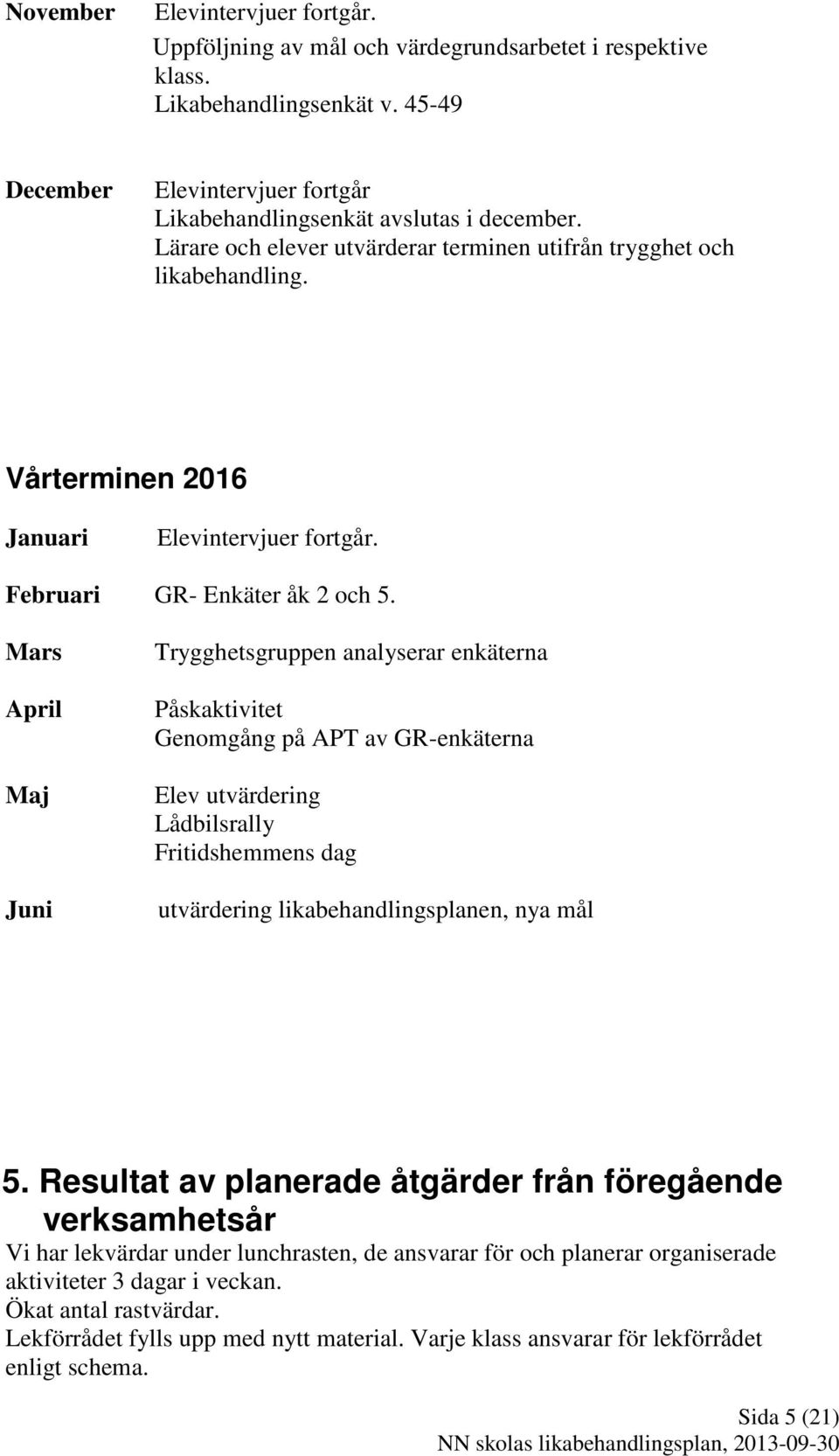Mars April Maj Juni Trygghetsgruppen analyserar enkäterna Påskaktivitet Genomgång på APT av GR-enkäterna Elev utvärdering Lådbilsrally Fritidshemmens dag utvärdering likabehandlingsplanen, nya mål 5.