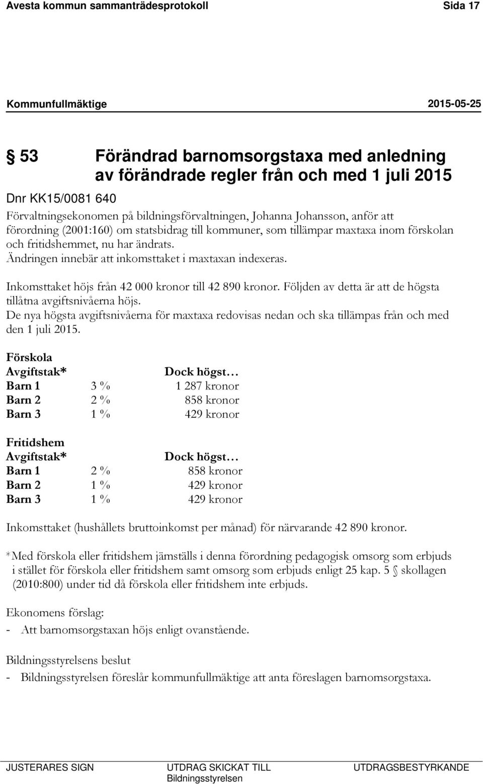 Ändringen innebär att inkomsttaket i maxtaxan indexeras. Inkomsttaket höjs från 42 000 kronor till 42 890 kronor. Följden av detta är att de högsta tillåtna avgiftsnivåerna höjs.