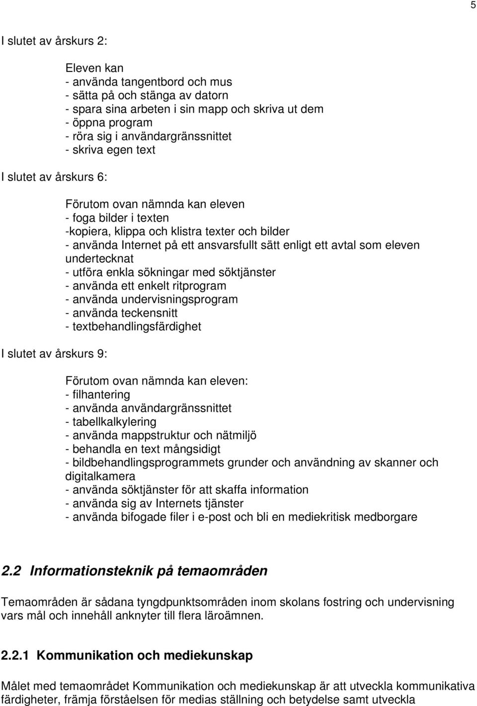 ansvarsfullt sätt enligt ett avtal som eleven undertecknat - utföra enkla sökningar med söktjänster - använda ett enkelt ritprogram - använda undervisningsprogram - använda teckensnitt -