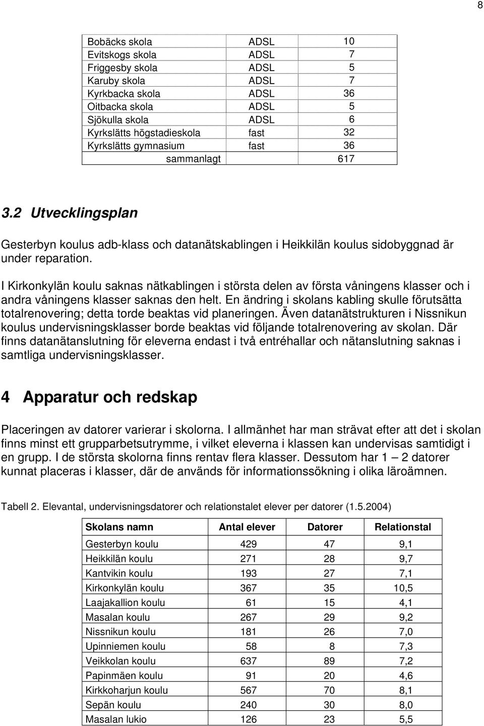 I Kirkonkylän koulu saknas nätkablingen i största delen av första våningens klasser och i andra våningens klasser saknas den helt.