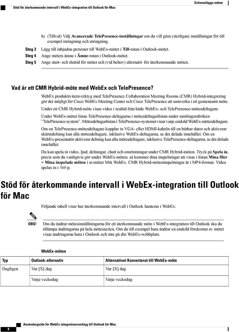 Ange start- och sluttid för mötet och (vid behov) alternativ för återkommande möten. Vad är ett CMR Hybrid-möte med WebEx och TelePresence?