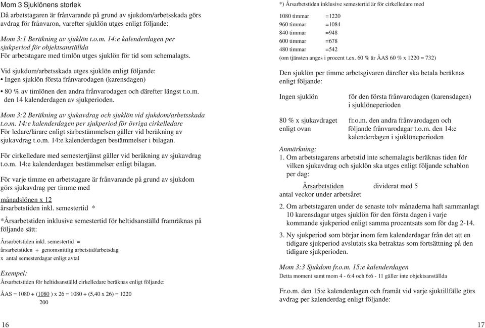 Mom 3:2 Beräkning av sjukavdrag och sjuklön vid sjukdom/arbetsskada t.o.m. 14:e kalenderdagen per sjukperiod för övriga cirkelledare För ledare/lärare enligt särbestämmelsen gäller vid beräkning av sjukavdrag t.