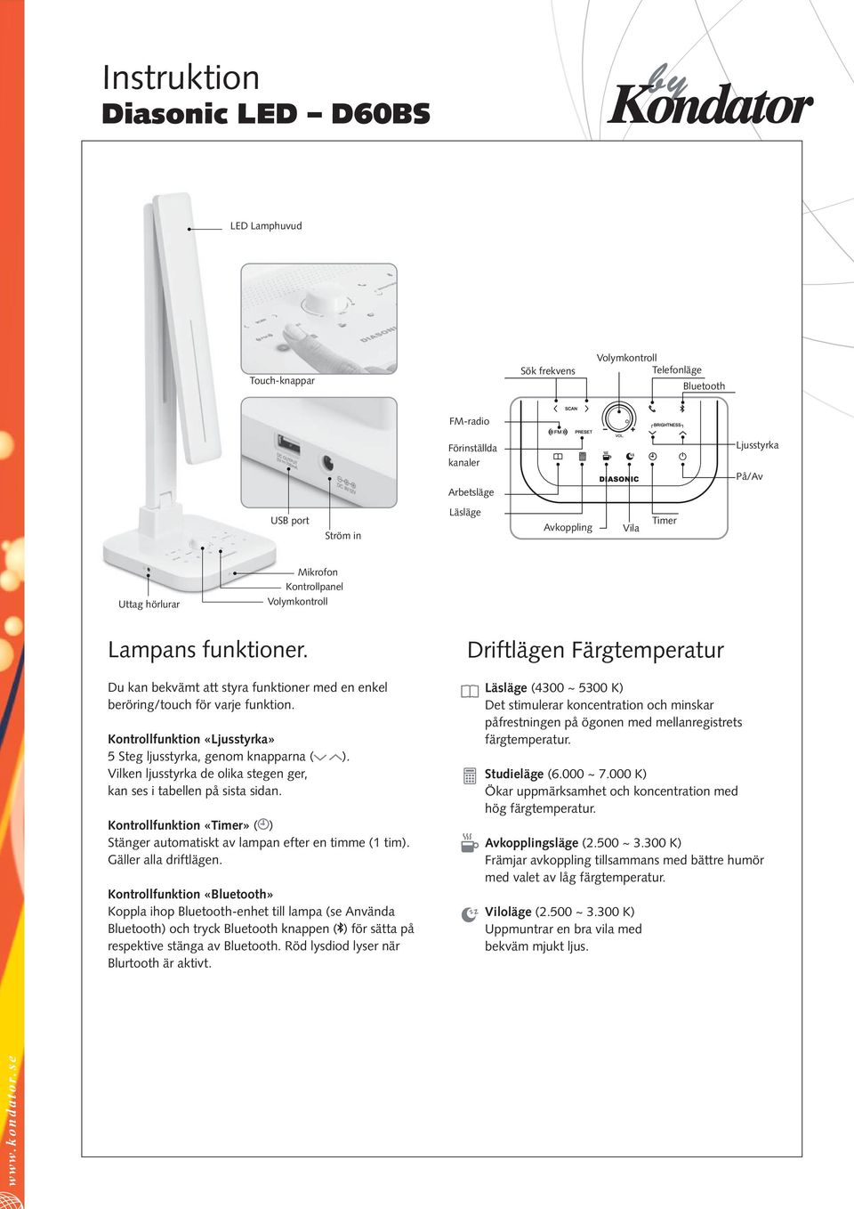 Kontrollfunktion ( ) Stänger automatiskt av lampan efter en timme (1 tim). Gäller alla driftlägen.