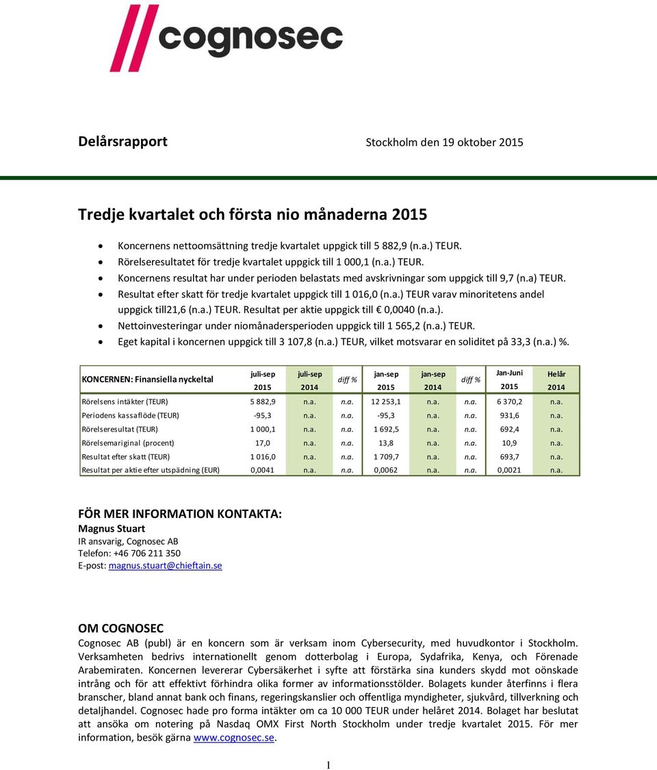 Resultat efter skatt för tredje kvartalet uppgick till 1 016,0 (n.a.) TEUR varav minoritetens andel uppgick till21,6 (n.a.) TEUR. Resultat per aktie uppgick till 0,0040 (n.a.). Nettoinvesteringar under niomånadersperioden uppgick till 1 565,2 (n.