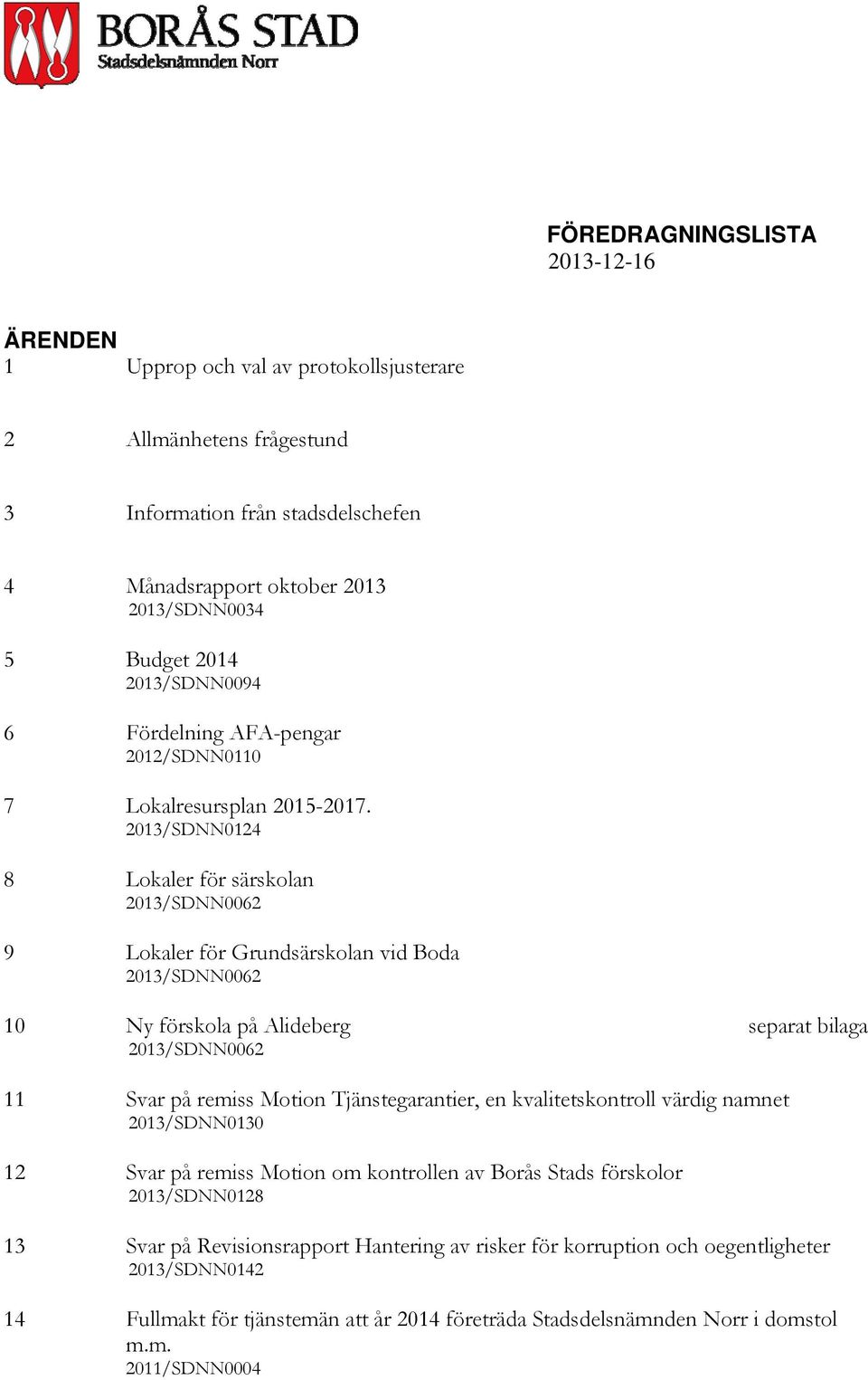 2013/SDNN0124 8 Lokaler för särskolan 2013/SDNN0062 9 Lokaler för Grundsärskolan vid Boda 2013/SDNN0062 10 Ny förskola på Alideberg separat bilaga 2013/SDNN0062 11 Svar på remiss Motion