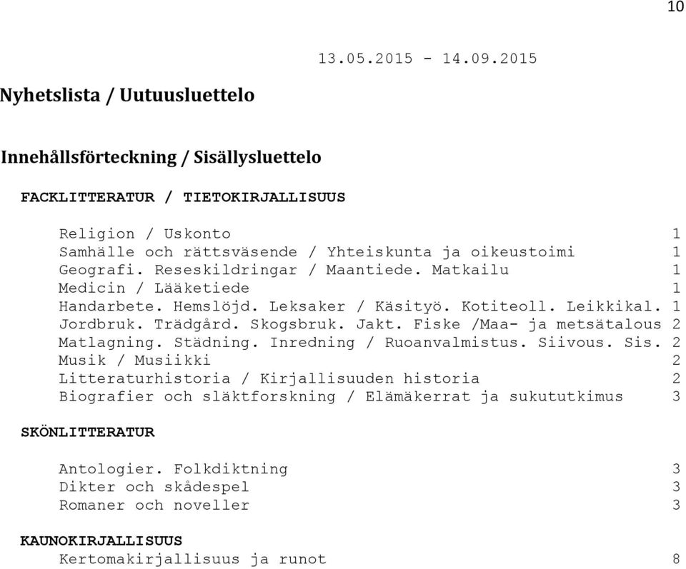 1 Geografi. Reseskildringar / Maantiede. Matkailu 1 Medicin / Lääketiede 1 Handarbete. Hemslöjd. Leksaker / Käsityö. Kotiteoll. Leikkikal. 1 Jordbruk. Trädgård. Skogsbruk. Jakt.