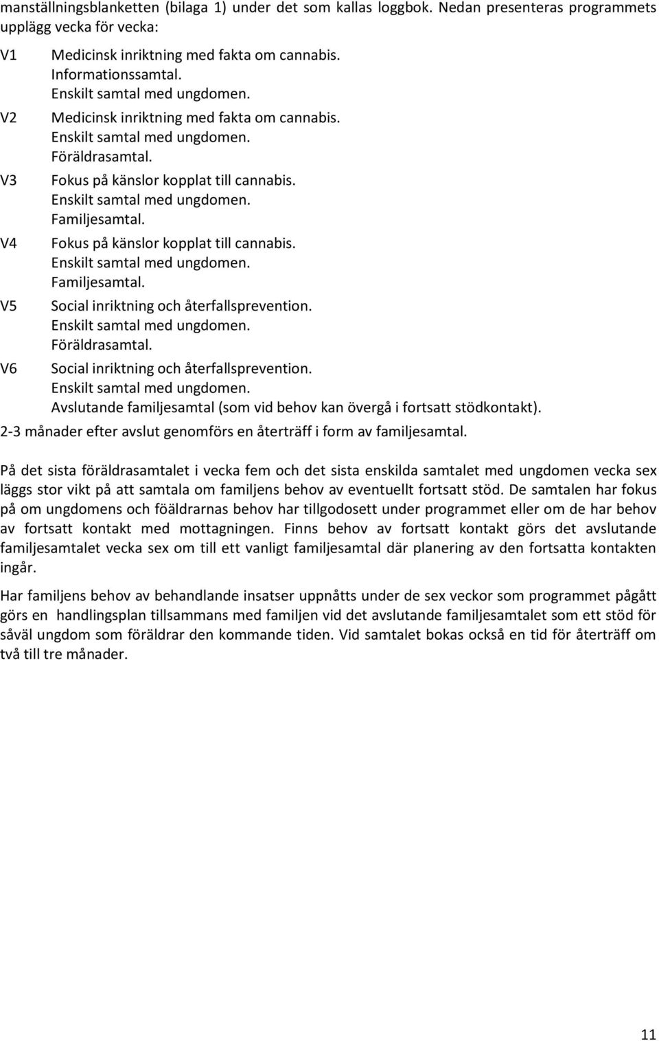 Enskilt samtal med ungdomen. Familjesamtal. Fokus på känslor kopplat till cannabis. Enskilt samtal med ungdomen. Familjesamtal. Social inriktning och återfallsprevention. Enskilt samtal med ungdomen. Föräldrasamtal.