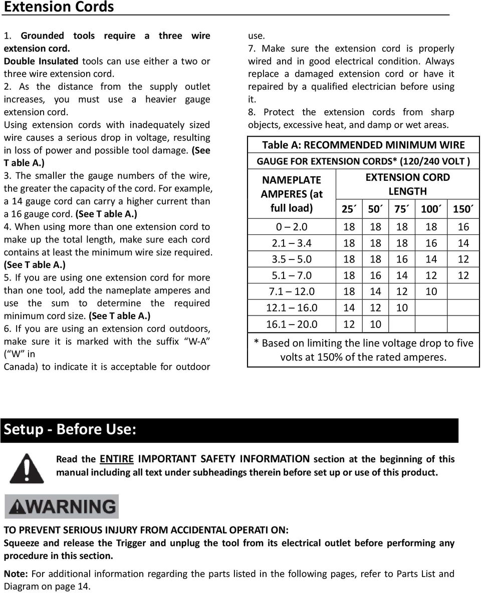 Using extension cords with inadequately sized wire causes a serious drop in voltage, resulting in loss of power and possible tool damage. (See T able A.) 3.
