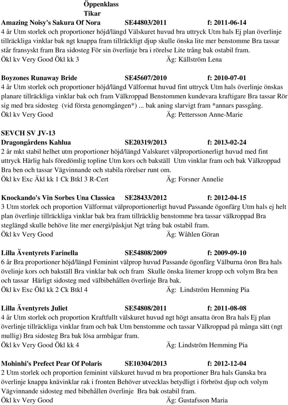 Ökl kk 3 Äg: Källström Lena Boyzones Runaway Bride SE45607/2010 f: 2010-07-01 4 år Utm storlek och proportioner höjd/längd Välformat huvud fint uttryck Utm hals överlinje önskas planare tillräckliga