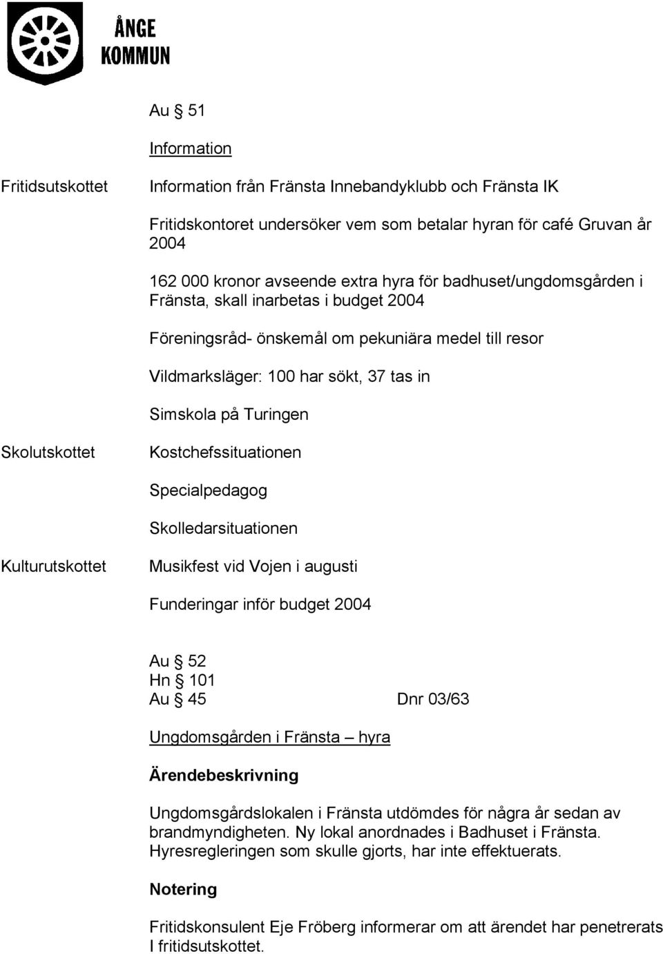 Kostchefssituationen Specialpedagog Skolledarsituationen Kulturutskottet Musikfest vid Vojen i augusti Funderingar inför budget 2004 Au 52 Hn 101 Au 45 Dnr 03/63 Ungdomsgården i Fränsta hyra