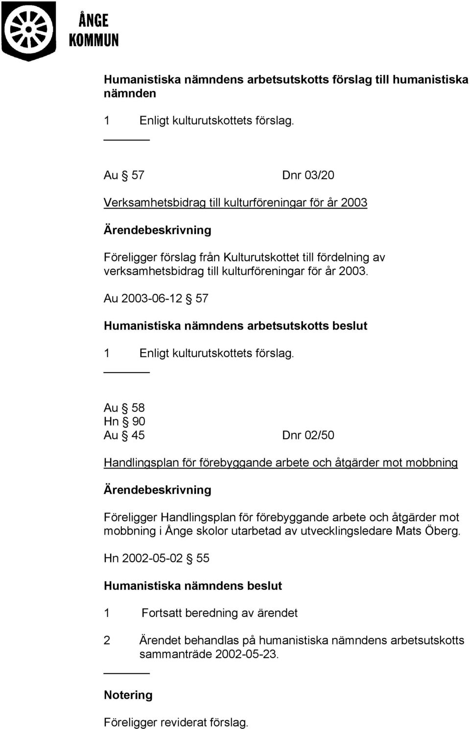 Au 2003-06-12 57 Humanistiska s arbetsutskotts beslut 1 Enligt kulturutskottets förslag.