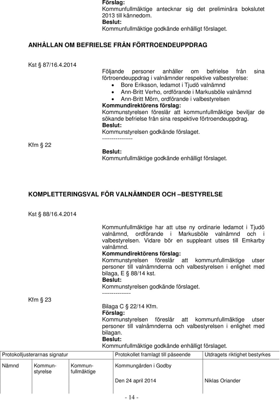 valnämnd Ann-Britt Mörn, ordförande i valbestyrelsen n föreslår att kommunfullmäktige beviljar de sökande befrielse från sina respektive förtroendeuppdrag. n godkände förslaget.