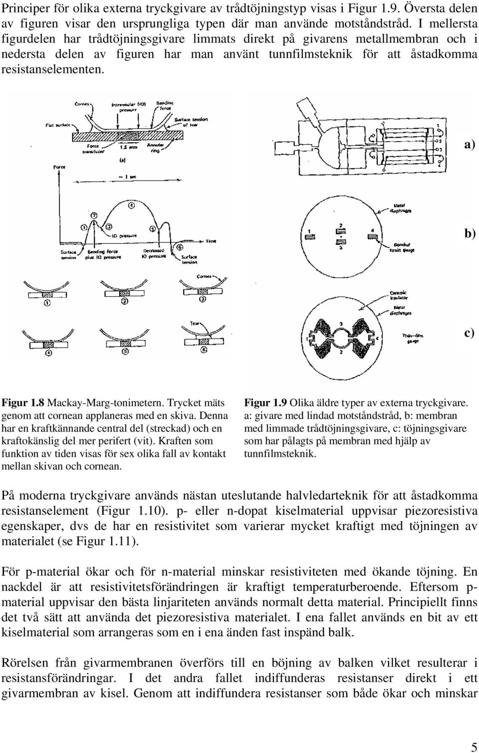 a) b) c) Figur 1.8 Mackay-Marg-tonimetern. Trycket mäts genom att cornean applaneras med en skiva. Denna har en kraftkännande central del (streckad) och en kraftokänslig del mer perifert (vit).