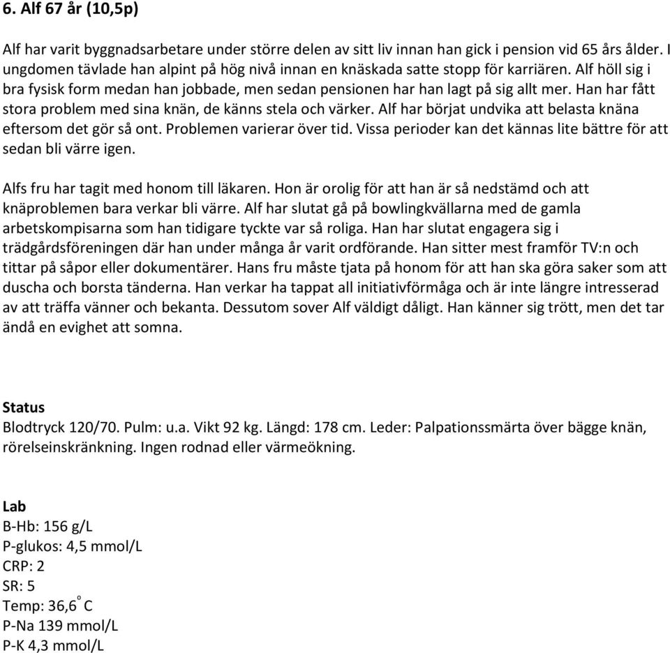 Han har fått stora problem med sina knän, de känns stela och värker. Alf har börjat undvika att belasta knäna eftersom det gör så ont. Problemen varierar över tid.